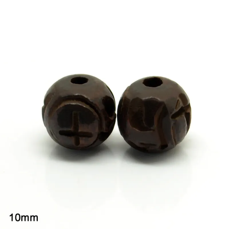 Wholesale carved cross design antique natural hardwood beads 10mm round for diy jewelry making