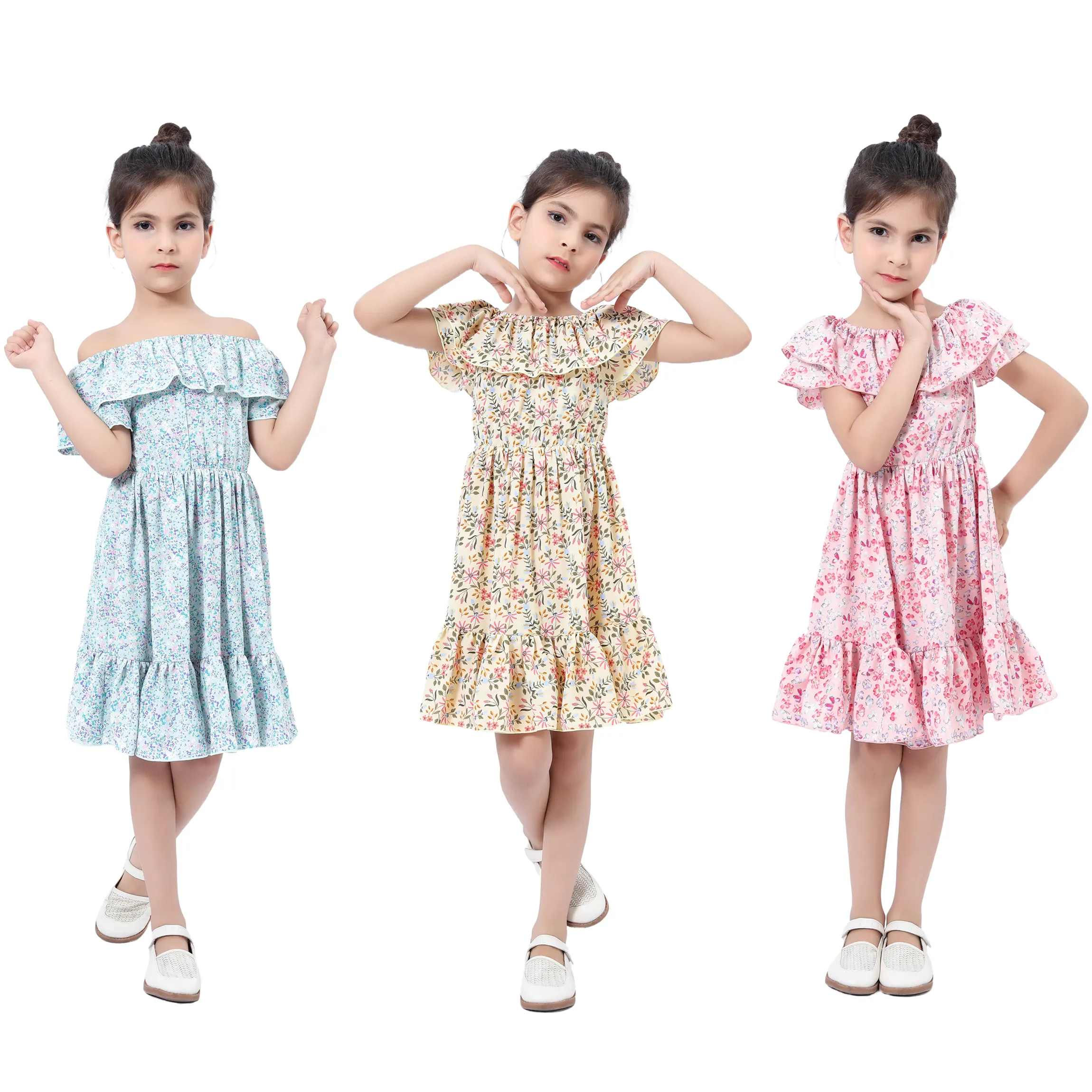 New Design 2-10T Kids Clothing Spring Summer Off Shoulder Floral Print Casual Girls Dresses