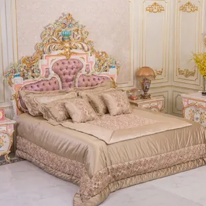 French Louis VX Royal Palace King Size Bed, Antique Gold Leaf Bedroom Furniture