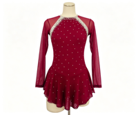 Robe de patinage artistique bordeaux à manches longues, dos découpé, jupe ornée de strass, pour enfants et filles, compétition et performance sur glace