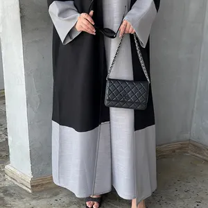 2024 Wholesale EID Ramadan Dubai Turkey Tunic Modest Abaya Plain Women's Dress Muslim Women Cotton Linen Open Abaya Dress Set
