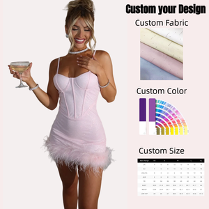 Vestidos de Mujer, Vestido Sexy Brillante Rosa Estilo Corsé con Adorno de Plumas, Vestido de Fiesta Brillante sin Tirantes para Mujer, Ropa de Club Nocturno - Product Image 1