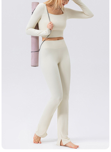 依依秋季女装两件套休闲装修身长袖方领上衣高腰喇叭裤套装瑜伽运动服 - Product Image 4