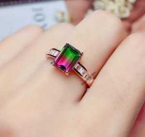 Bague de fiançailles en tourmaline bicolore et quartz, motif pastèque, haute qualité, design tendance, style Art Déco/traditionnel, faite à la main, cadeau pour - Product Image 1