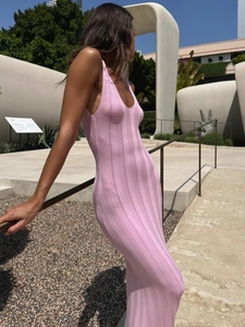 Vacances <span class=keywords><strong>Sexy</strong></span> <span class=keywords><strong>plage</strong></span> tricoté élégant longue robe femmes col en V mince sans manches jarretelle Maxi robe tricot dos nu robe - Product Image 5