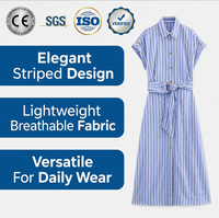 Robe chemise maxi rayée bleue et blanche pour femme, manches courtes, col rabattu, ceinture à nouer, légère, respirante, décontractée pour l'été