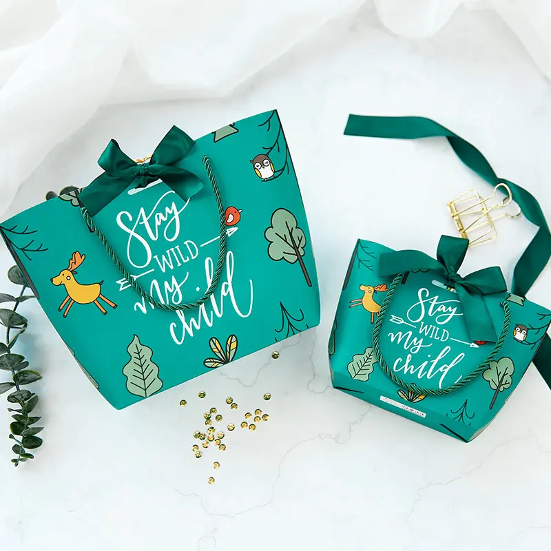 Роскошные маленькие зеленые подарочные пакеты упаковка свадебный приветственный бумажный мешок с лентой