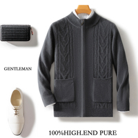 Cardigan Homme Automne Hiver 100% Pure Laine Col Semi-Montant, Veste Pull Zippée Coupe Ample et Ajustée, Vente en Gros Usine OEM ODM