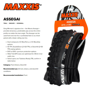 Pneumatico per Bicicletta MAXXIS <span class=keywords><strong>Assegai</strong></span> 29X2.5 29X2.6 27.5x2.6 27.5X2.5 Tubeless, 3C MaxxTerra EXO+, Pieghevole per Mountain Bike - Product Image 6
