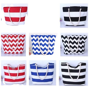 Custom Printed Eco-Friendly Durable Reusable Women's Cotton <b>Canvas</b> Grocery <b>Beach</b> Bag Zipper Pocket Stripe Pattern Long Rope - Product Image 6