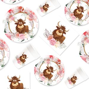 DAMAI - Decoración con Temática de Animales para Cumpleaños, Vaca de las Tierras Altas, Rosa, Suministros Desechables para Fiestas, Juego de Platos y Vasos de Papel - Product Image 4