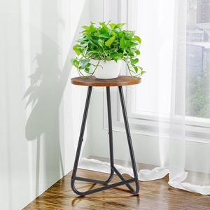 <strong>50cm</strong> Standing Type Wooden &amp; Metal Plant Stand Modern Flower <strong>Shelf</strong> for Living Room Balcony Office (Black Rustic Brown) - Product Image 1