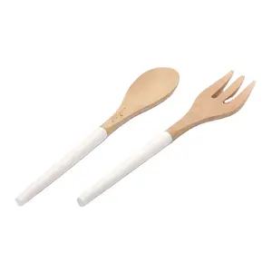 Logotipo personalizado Color blanco Mango Madera de haya Tenedor y cuchara Servidor Cubiertos Juego de utensilios para ensalada