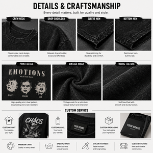 Camiseta Gráfica Personalizada Premium con Emociones, Estilo Vintage Lavado, Oversize de Algodón para Hombre, Ropa Urbana de Marca Privada - Product Image 3