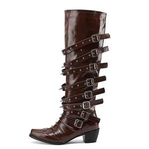 Metal Buckles Women Rivets Knee High <b>Boots</b> Chunky Heels Shoes on Wide Fit Square Toe Long <b>Boots</b> - Product Image 1