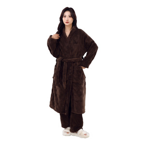 Conjunto de Bata de Tafetán con Cuello Alto y Manga Larga, Forro Polar Grueso, Ropa de Dormir para Mujer, Ropa de Estar para Parejas, Talla Única - Product Image 5