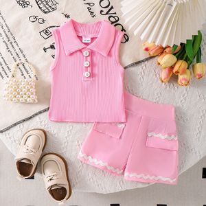 Ensemble décontracté été 2026 en coton respirant de couleur unie, <span class=keywords><strong>gilet</strong></span> et short pour bébés et enfants - Product Image 2