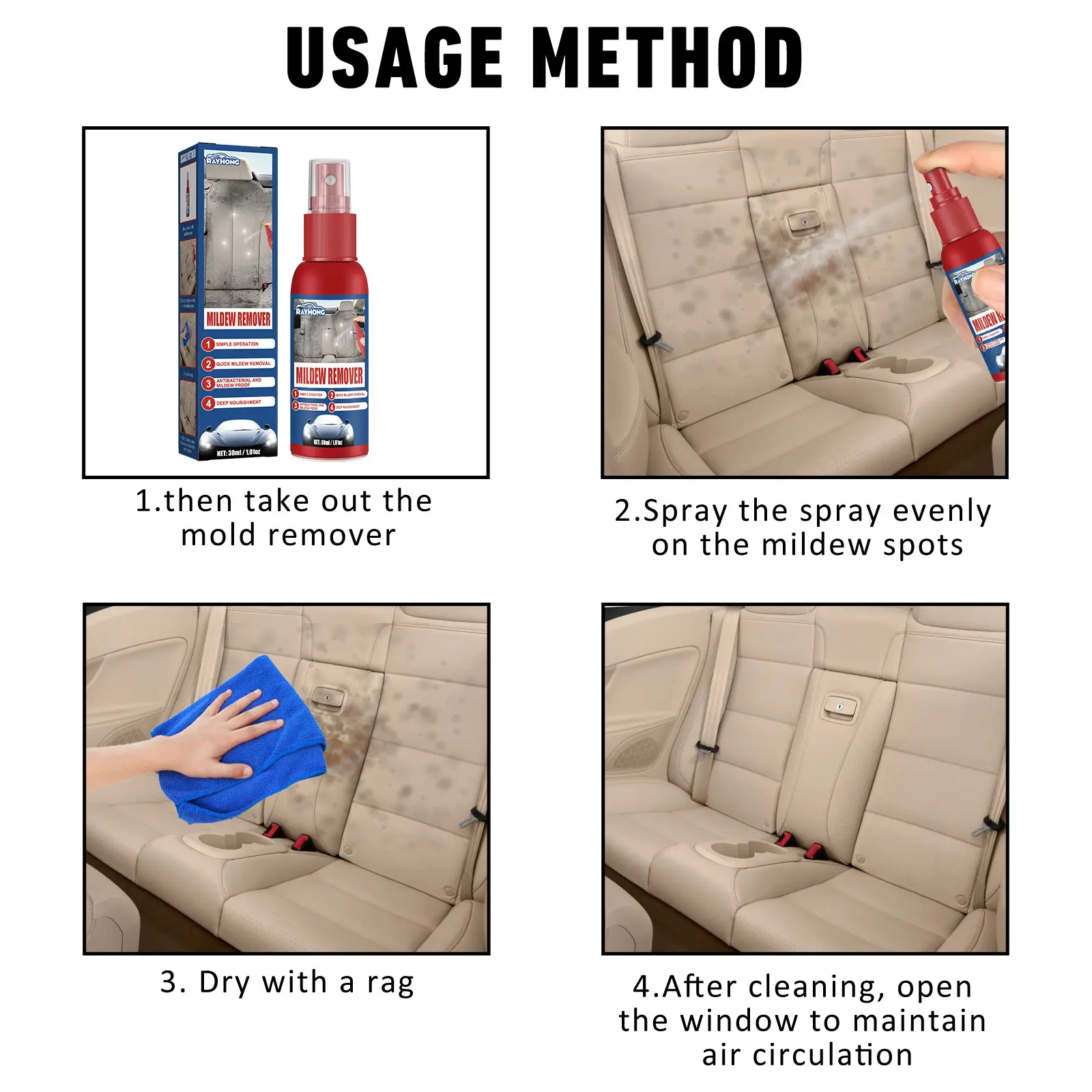 Removedor de mofo para carro, agente antifúngico de limpeza e manutenção de assentos e pés, spray anti-mofo para teto, 30ml