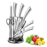 Ensemble de 8 couteaux de cuisine en acier inoxydable avec manche creux, comprenant un couteau de chef, un couteau à trancher, un couteau à fruits et un couteau à pain, avec bloc de rangement