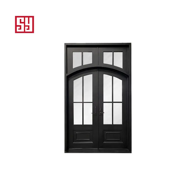 Puerta de entrada de hierro forjado minimalista moderna con claraboya cerrada para aplicaciones al aire libre