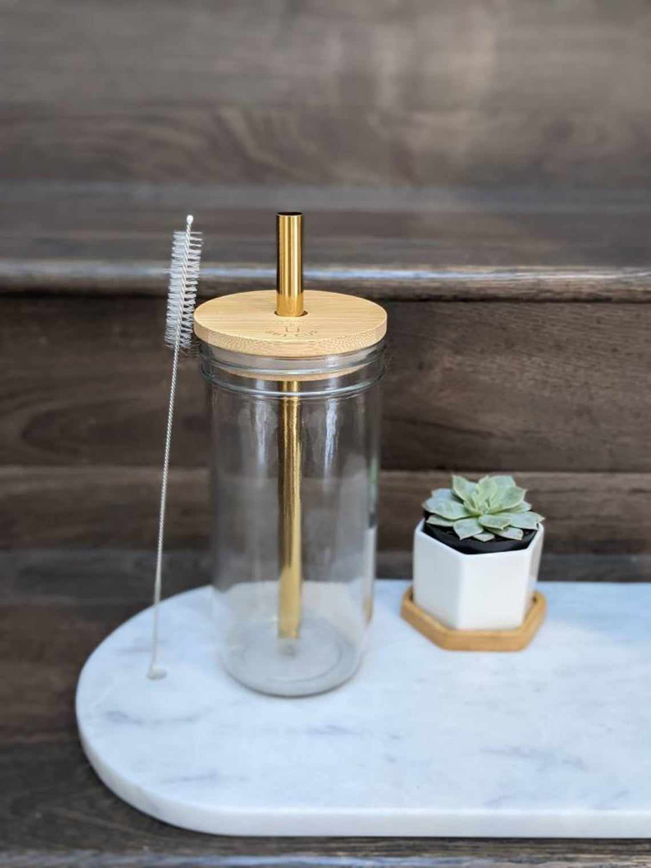 Bamboo Lid And Clean Brush 650ML 700ML Transparent Custom Glass Water Bottle BOBA CUP