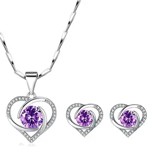 Conjunto de joyería de plata de circón cúbico, pendientes de tuerca, zafiro azul, púrpura, rosa, joyería nupcial, corazón, collar púrpura, conjunto de pendientes