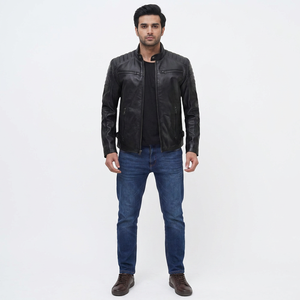 High Street Style Coated Windproof Breathable Vintage Cow Skin Leather Varsity <b>Jacket</b> Stand Collar Front Fashionable Men - Product Image 1