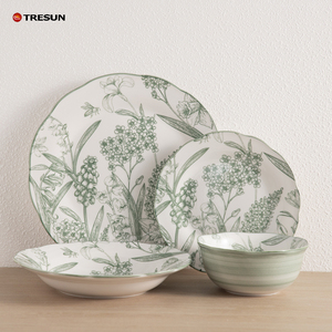 Juego de Vajilla de Cerámica de Dos Tonos con Diseño Floral, Platos con Líneas Botánicas Verdes, Tazones a Rayas - Product Image 1