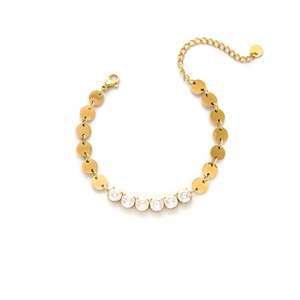 Pulsera de cristal de acero inoxidable 316L con baño de oro PVD, discos redondos con piedras transparentes para mujer. - Product Image 1