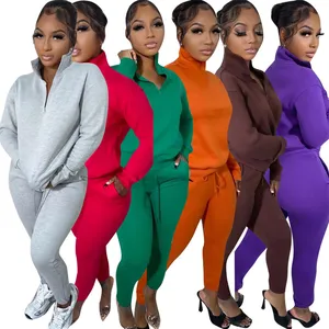 custom women fall winter polyester athletic sweat shirt suit 2022 zip up 100% cotton 2 piece fitted sweat pants set supplier