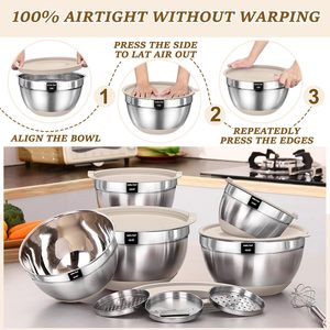 Ensemble de 8 bols mélangeurs en acier inoxydable avec couvercles, râpes et base antidérapante, bols emboîtables pour la pâtisserie, la cuisine et la préparation des salades - Product Image 5