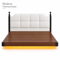 Lit flottant moderne de taille Queen, capitonné en velours, avec bande lumineuse LED chaude, cadre en bois de pin, ensemble de lit de luxe