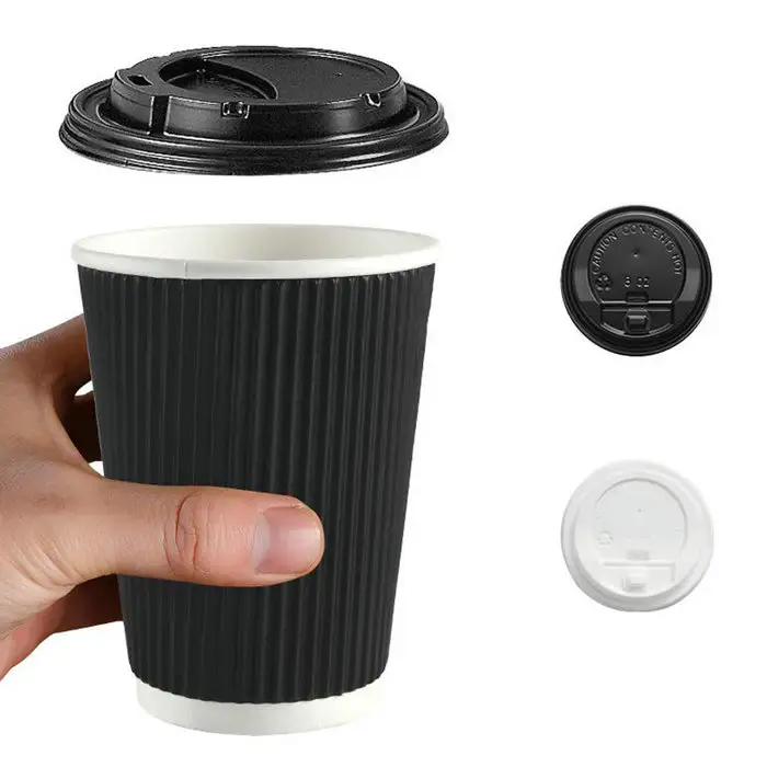 Copos de café descartáveis 8oz a 16oz, com tampas, parede de onda dupla, revestimento pe biodegradável