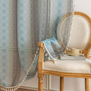 Rideaux de bohème bleus transparents géométriques avec glands 100% polyester, protection UV et filtrage de la lumière pour la maison/café/complexe - Product Image 4