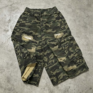 Men's Camouflage Cargo Shorts Distressed Multi-pocket Style Casual Elastic Waist Canvas Shorts - Product Image 1