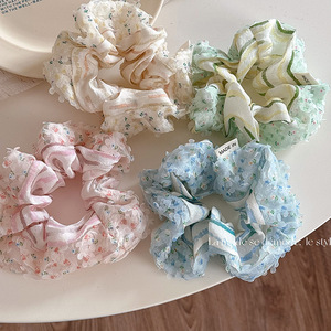 Nouveau design printemps et été style fantaisie fleur dentelle cheveux chouchous pour filles tissu rayé cheveux cravates pour jeunes dames - Product Image 1