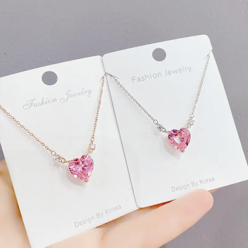 XL61457 Korean fashion cute stainless steel chain pink zirconia heart pendant necklace for women gold plated jewelry