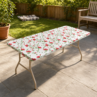 Nappe jetable en PEVA à motif floral rouge, housse de table en plastique ajustée avec bord élastique, imperméable et anti-taches pour fête d'anniversaire