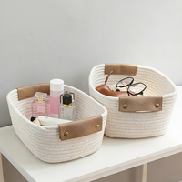 Panier de rangement en corde de coton tressée avec poignées en cuir amovibles, 2 tailles, 2 couleurs, organisateur rectangulaire pour la décoration de la maison