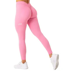 OEM personalizado sin costura frontal medias elásticas pantalones de yoga de doble cepillado fruncido trasero Legging para las mujeres