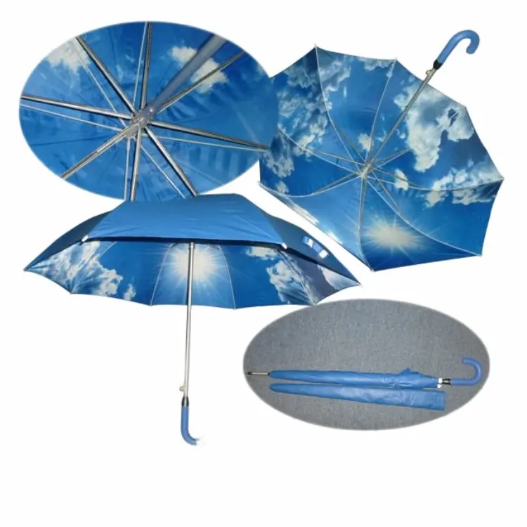 Parapluie droit à ouverture automatique en forme de J avec poignée en plastique motif ciel bleu