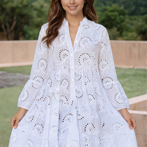 Nouvelle Robe de Plage Ample et Décontractée Grande Taille 2026, Blanche, à Tissage Ouvert, Broderie 3D, Taille Naturelle, Col en V, Manches Cloche - Product Image 1