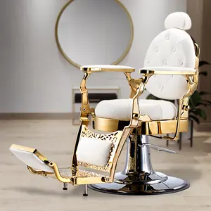 Penata Rambut Kulit Retro, Kursi Tukang Cukur Furnitur Salon Kecantikan Penataan Rambut Kulit Retro Putih Emas Mewah