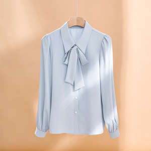 Women's White Ribbon Bow Blouse Solid Color Chiffon Office Wear Long Sleeve Formal Shirt - Product Image 3