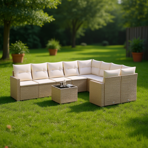 Grand ensemble de canapés de jardin en rotin beige et structure en acier, résistant aux intempéries, mobilier d'extérieur design contemporain, 6 places - Product Image 2