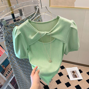 GX383 Estate 2025 Moda Unica Top con Design Incrociato, <span class=keywords><strong>T</strong></span>-Shirt da Donna a Maniche Corte in Tinta Unita - Product Image 6