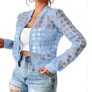 Custom <strong>Women</strong> See Through Mesh Plaid Zip <strong>Fly</strong> Lightweight Casual Sheer Bomber <strong>Jacket</strong> Transparent <strong>Jacket</strong> - Product Image 3