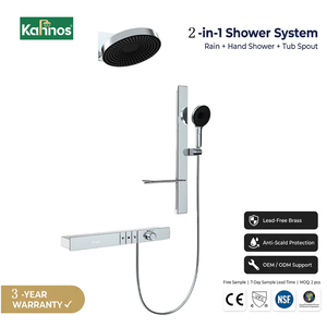 Sistema de Ducha Termostático Empotrado con Doble Función, Cabezal de Lluvia Redondo, Barra Deslizante, Montado en la Pared, Ducha de Mano, Cromado, Latón - Product Image 1
