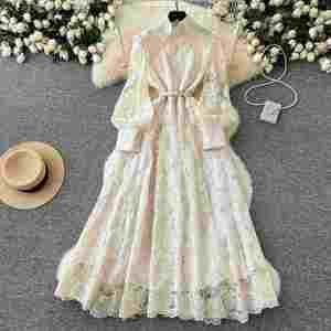 Vestido Midi Casual de Mujer con Manga Linterna y Corte A, Estilo Túnica Romana Tejida Sólida Transpirable de Malla Ecológica, Colección Primavera 2025 - Product Image 2