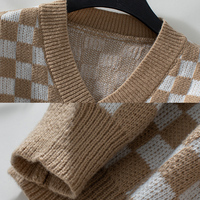 Maglione con motivo a scacchiera invernale all'ingrosso con scollo a V a tracolla manica lunga Pullover larghi a coste in maglia a quadri maglioni da donna